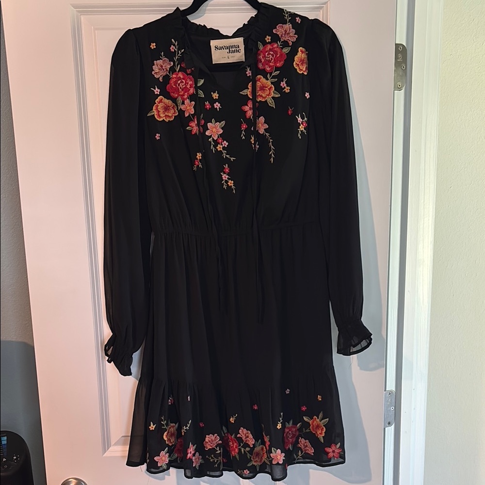 Savannah Black Smocked Mock Neck Dress with Bishop Sleeves